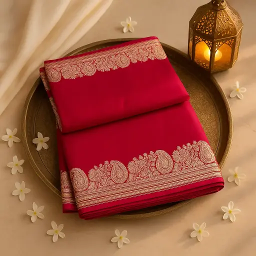 [93009001EV83F2] Elegant Fuchsia Pink Banarasi Silk Saree with Traditional Zari Border