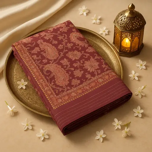 [97609001EX02F2] Elegant Wine Embroidered Designer Saree with Traditional Paisley Motif