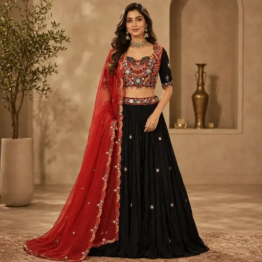 [32121040EZ21F3] Women's Black Lehenga Choli with Red Dupatta and Mirror Work Blouse