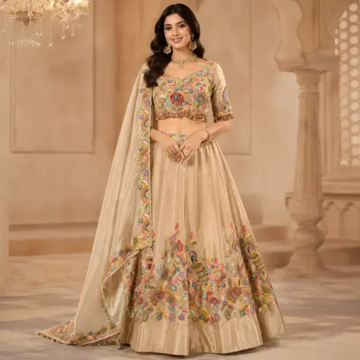 [32121017EZ25F3] Women's Beige Multicolor Embroidered Lehenga Choli with Dupatta for Weddings and Festive Party Wear