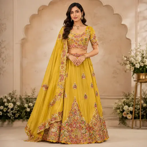 [32121095EZ26F3] Women's Mustard Yellow Embroidered Lehenga Choli with Designer Blouse and Dupatta