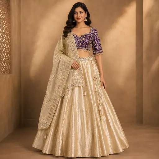 [32121041DA53F3] Women's Champagne Gold Lehenga Choli with Purple Embroidered Blouse, Dupatta