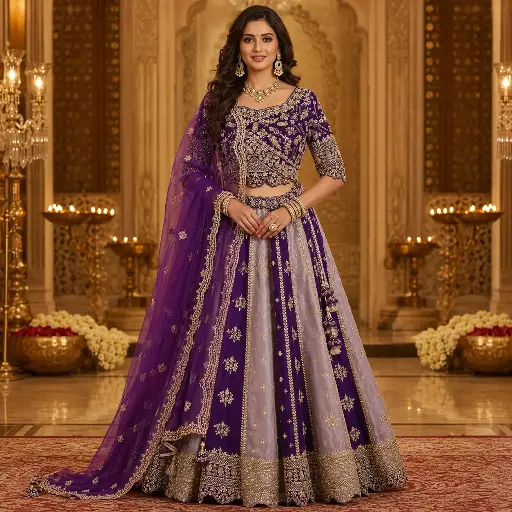[32121041EZ20F3] Women's Purple Embroidered Lehenga Choli with Half-Sleeve Blouse & Dupatta