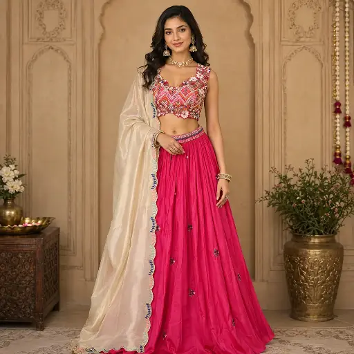[32121050EZ29F3] Women's Pink Embroidered Lehenga Choli with Designer Blouse and Cream Dupatta