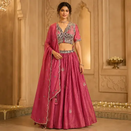 [32121050EZ23F3] Women's Pink Embroidered Lehenga Choli with Designer Blouse and Matching Dupatta