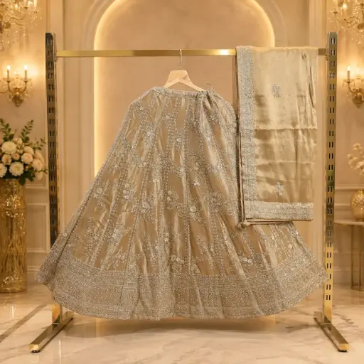 [84818079EZ06F2] Women’s Champagne Gold Embroidered Lehenga with Dupatta, Heavy Sequin Zari Work, Floral Design