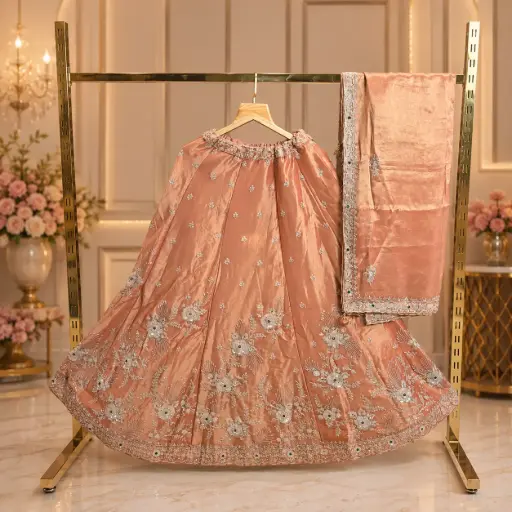 [84818018EZ05F3] Women’s Peach Embroidered Lehenga with Dupatta, Floral Sequin n Zari Work, Heavy Border