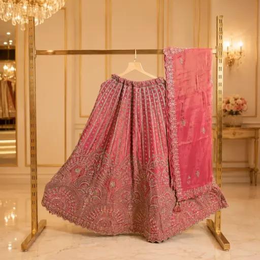 [84818051EZ10F2] Women’s Coral Pink Embroidered Lehenga with Dupatta, Heavy Sequin Zari Work, Scalloped Border