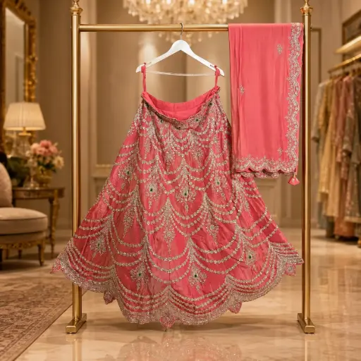 [84818051EZ12F3] Women’s Coral Pink Embroidered Lehenga with Dupatta, Heavy Zari Sequin Work, Scalloped Border