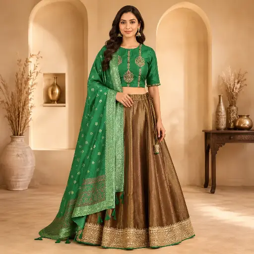 [87418025JI94F2] Women's Green and Bronze Lehenga Choli with Dupatta