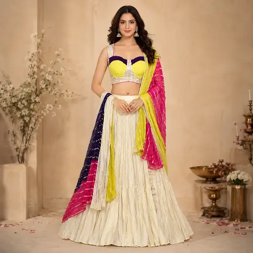 [87418057HY11F2] Women's Ivory Multicolour Lehenga Choli with Sequin Blouse and Draped Dupatta