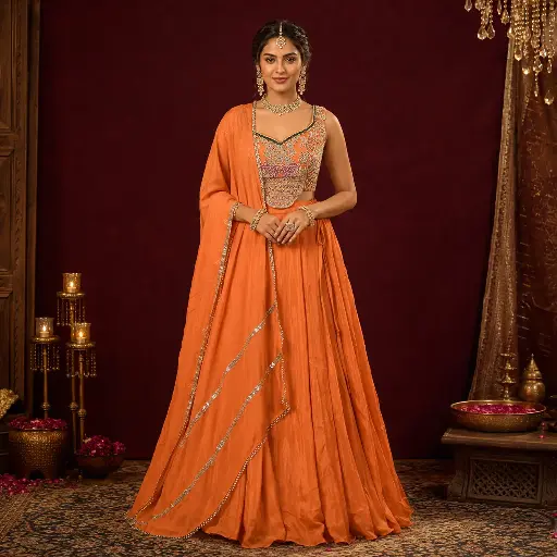 [87418055GO26F2] Women's Orange Embroidered Lehenga Choli with Dupatta