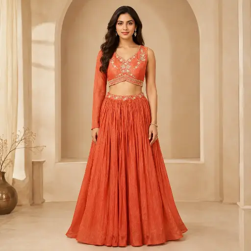 [87418051DA29F2] Women's Rust Orange Embroidered Lehenga Choli with One-Sleeve Blouse