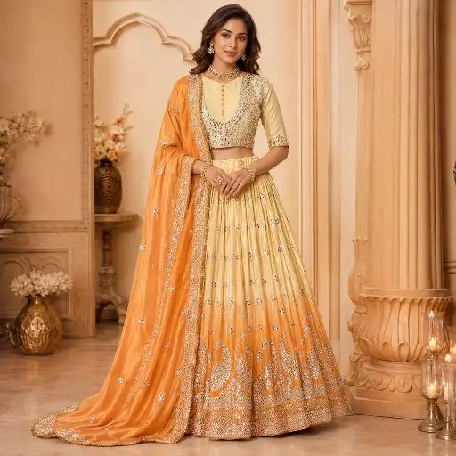 [87418037UP57F2] Women's Peach & Cream Embroidered Lehenga Choli with Mirror Work Dupatta