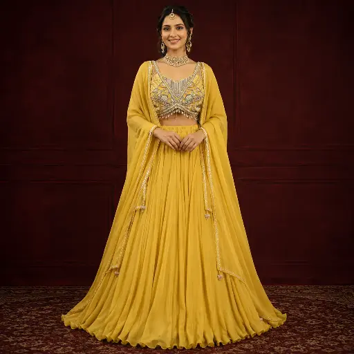 [87418037FJ77F2] Women's Mustard Yellow Mirror Work Lehenga Choli with Dupatta