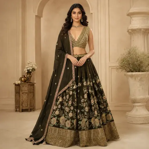 [31342074DA44F3] Women's Olive Green Embroidered Lehenga Choli with Dupatta for Wedding, Sangeet n Festive Party Wear