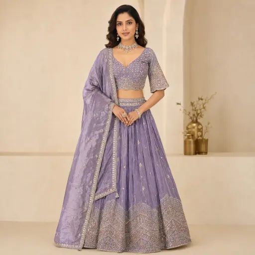 [31342001GI73F3] Women's Lavender Embroidered Lehenga Choli with Dupatta for Weddings, Sangeet and Festive Party Wear