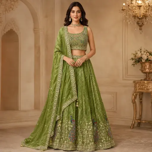 [31342001DA38F3] Women's Mehendi Green Embroidered Lehenga Choli with Peacock Work and Matching Dupatta