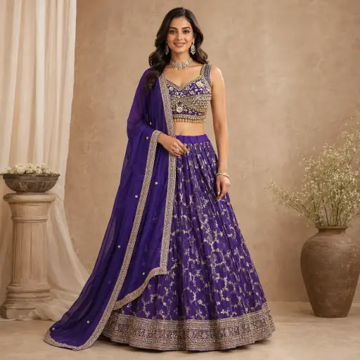 [31342001DA39F3] Womens Royal Purple Embroidered Lehenga Choli Set with Dupatta for Wedding, Sangeet and Festive Wear