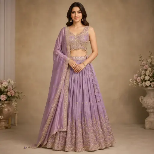 [31342001DA42F3] Women's Lavender Embroidered Lehenga Choli with Dupatta for Weddings, Sangeet and Festive Party Wear