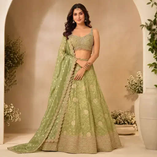 [31342001DA43F3] Women's Pista Green Embroidered Lehenga Choli with Dupatta for Wedding, Sangeet n Festive Party Wear