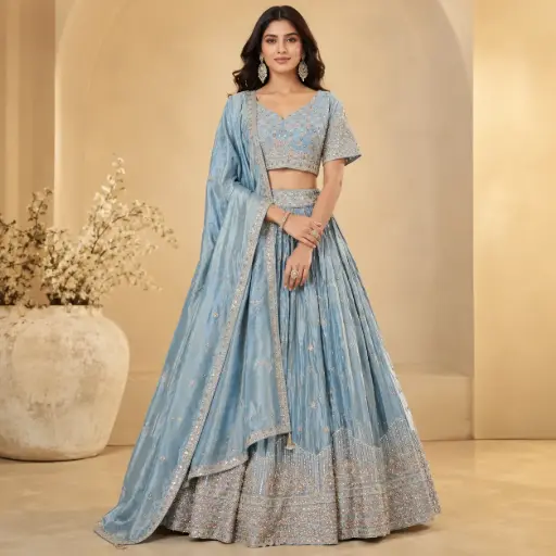 [31342003GI73F3] Women's Sky Blue Embroidered Lehenga Choli with Dupatta for Weddings, Sangeet and Festive Party Wear