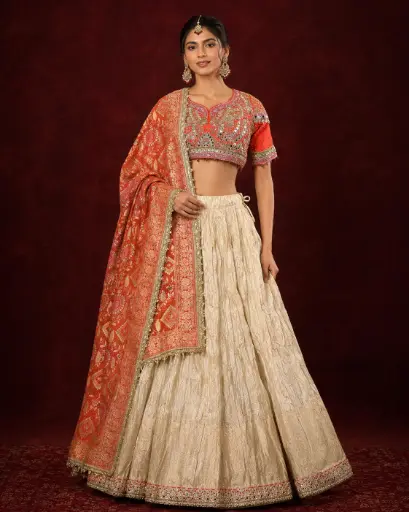 [31342003FF82F3] Women's Cream Lehenga Choli with Red Embroidered Blouse and Printed Dupatta for Wedding Festive Wear