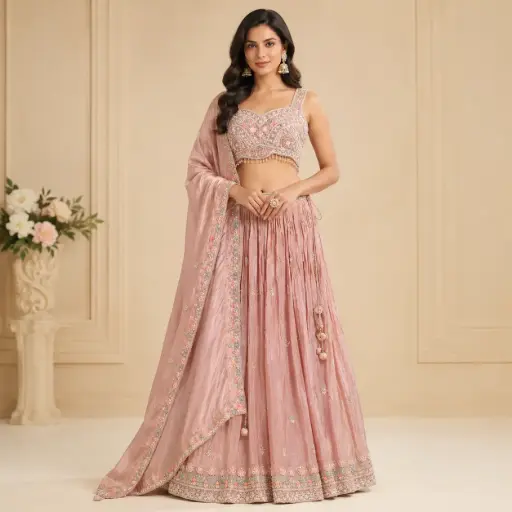 [31342003DA40F3] Women's Dusty Rose Embroidered Lehenga Choli with Dupatta for Wedding Sangeet and Festive Party Wear