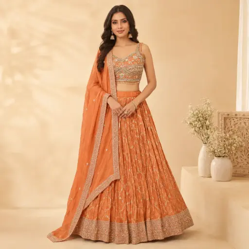 [31342003DA39F3] Womens Orange Embroidered Lehenga Choli Set with Matching Dupatta for Wedding and Festive Party Wear