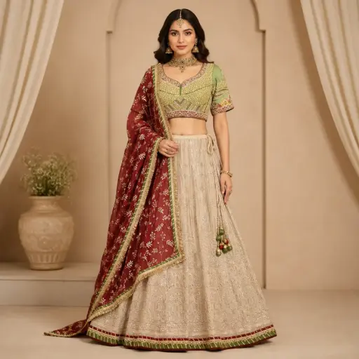 [31342003EA10F3] Women's Beige Embroidered Lehenga Choli with Green Blouse, Maroon Dupatta for Wedding and Party Wear