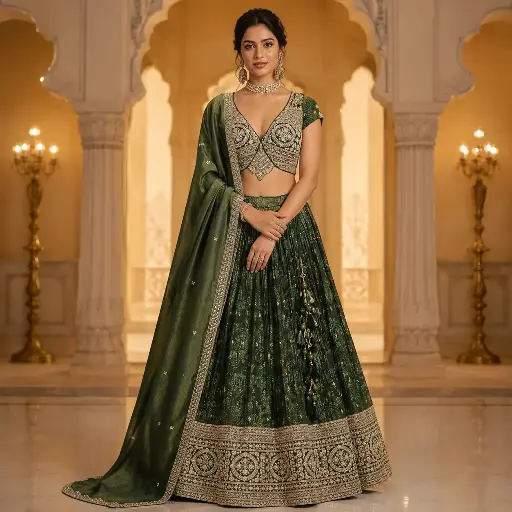 [31342003DA45F3] Women's Dark Green Embroidered Lehenga Choli with Designer Blouse and Dupatta