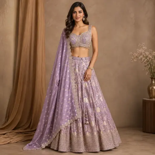 [31342003DA43F3] Women's Lavender Embroidered Lehenga Choli with Dupatta for Weddings, Sangeet and Festive Party Wear
