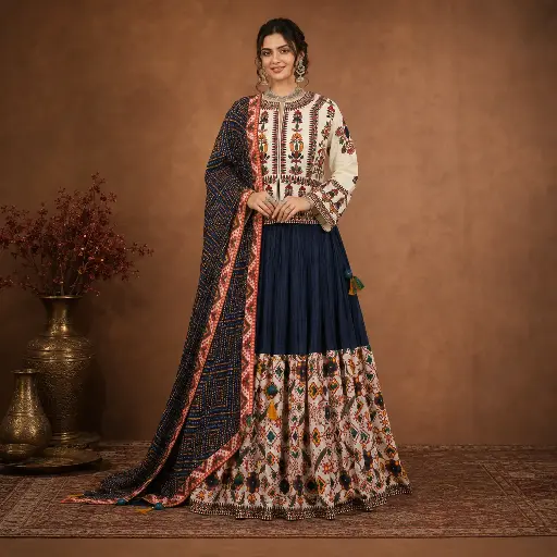 [75442011LZ93F3] Women's Navy Ivory Printed Lehenga Choli Set with Long-Sleeve Top and Dupatta