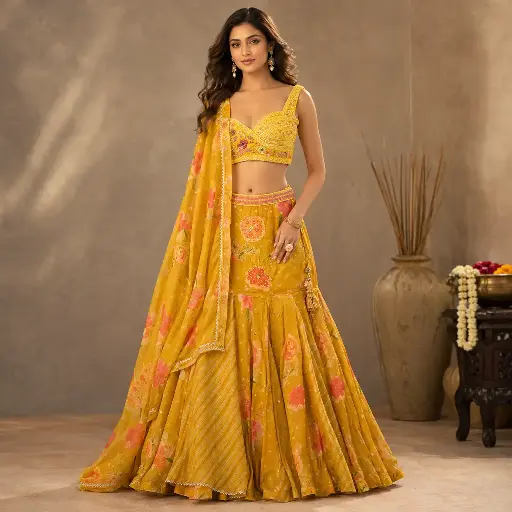 [75442011DB18F3] Women's Mustard Yellow Floral Lehenga Choli with Embellished Blouse and Dupatta