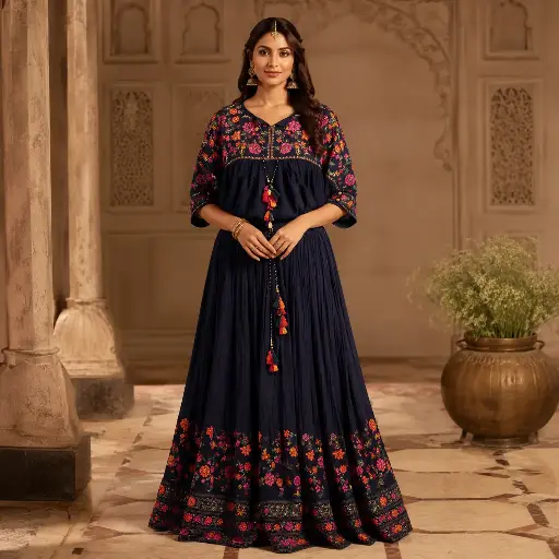 [75442013DB15F3] Women's Navy Blue Floral Embroidered Lehenga Choli Set with Peplum Blouse