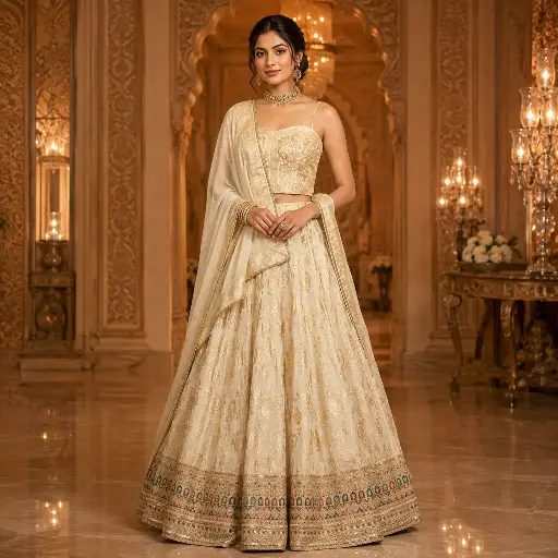 [75442013LR68F3] Women's Ivory Gold Floral Lehenga Choli Set with Strappy Blouse and Dupatta