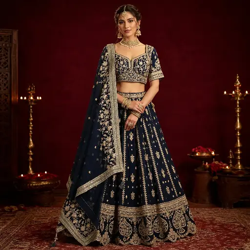 [75442072YN51F3] Women's Navy Blue Embroidered Lehenga Choli with Dupatta