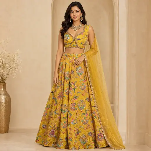 [75442072NQ03F3] Women's Mustard Yellow Floral Embroidered Lehenga Choli with Dupatta