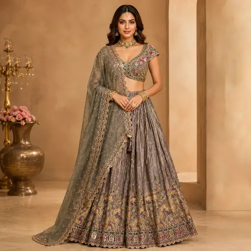 [75442072EN67F3] Women's Grey Embroidered Lehenga Choli with Floral Blouse and Dupatta