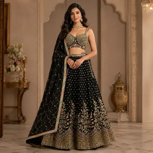 [75442072UP67F3] Women's Black Embroidered Lehenga Choli with Matching Dupatta