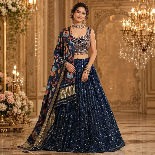 [75442072DB12F3] Women's Navy Blue Embroidered Lehenga Choli Set with Designer Blouse and Printed Dupatta