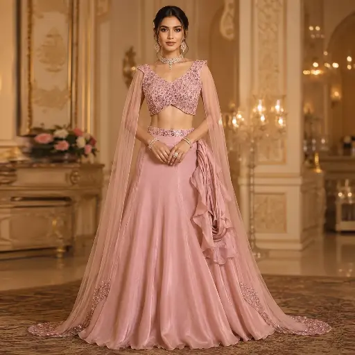 [75442072PN56F3] Women's Blush Pink Lehenga Choli Set with Sequin Blouse, Cape Sleeves and Ruffle Draping
