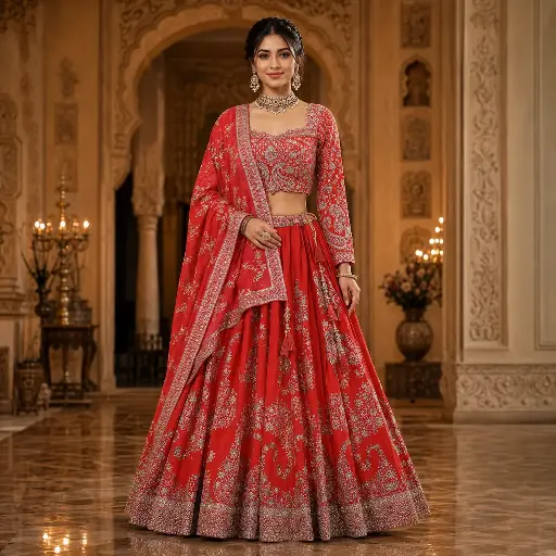 [75442072TO22F3] Women's Red Embroidered Lehenga Choli Set with Full-Sleeve Blouse & Dupatta
