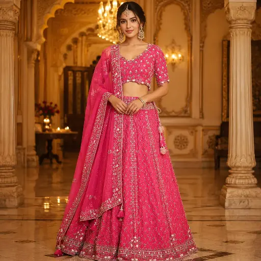 [75442091DB09F3] Women's Rani Pink Embroidered Lehenga Choli Set with Designer Blouse and Dupatta
