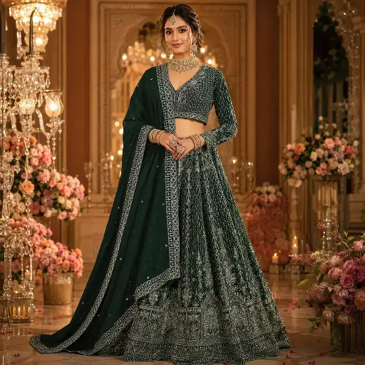 [75442091DB08F3] Women's Emerald Green Embroidered Lehenga Choli Set with Full-Sleeve Blouse and Dupatta