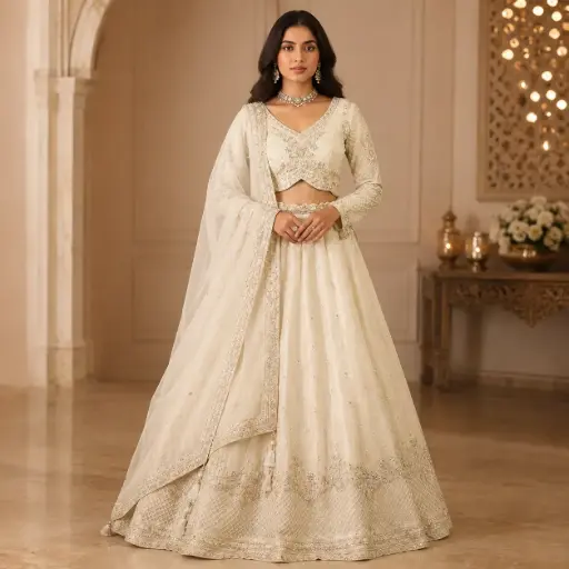 [75442091DB06F3] Women’s Ivory Embroidered Lehenga Choli with Dupatta, Full Sleeve Sequin Work Blouse