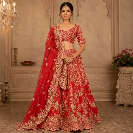 [75442091KG99F3] Women's Red Bridal Lehenga Choli Set with Heavy Gold Embroidery, Designer Blouse and Dupatta