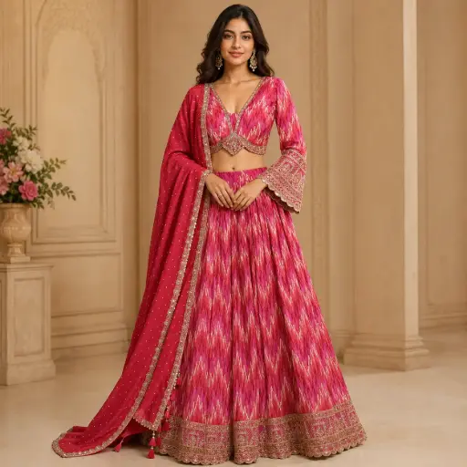 [95742002ZP88F3] Women’s Pink Red Embroidered Lehenga Choli with Dupatta, Ikat Print, Full Sleeve Blouse