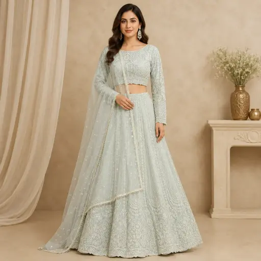 [95742002DB28F3] Women’s Pastel Blue Embroidered Lehenga Choli with Dupatta, Full Sleeve Bridal Wedding Festive Party Wear Ethnic Dress Set
