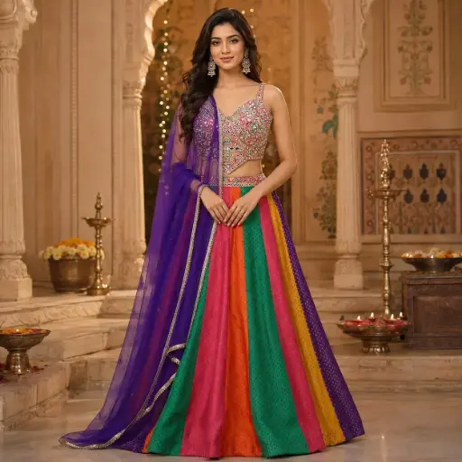 [95742002DB23F3] Women's Multicolor Embroidered Lehenga Choli with Purple Dupatta for Weddings and Festive Party Wear